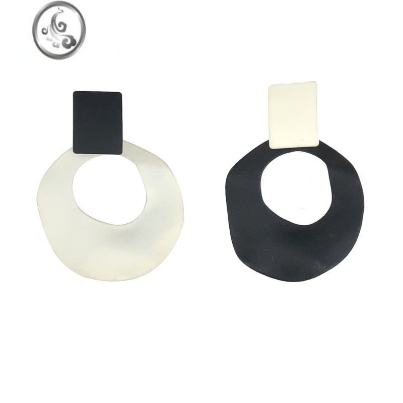 JiMi黑白撞色耳钉~ins冷淡风气质不对称耳环女百搭圆形复古耳饰潮耳夹图片