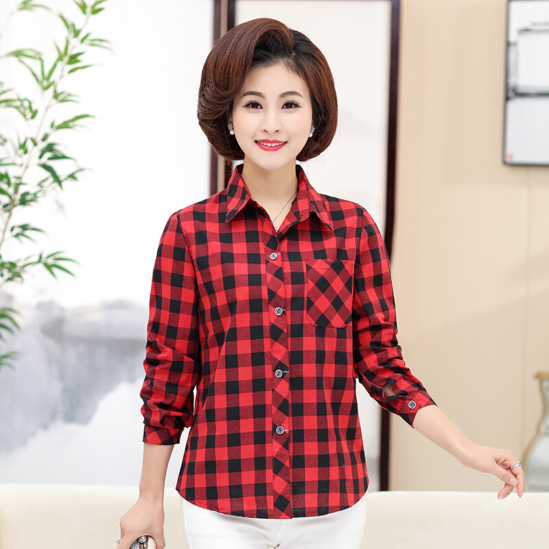 中老年人夏装女装妈妈装格子长袖衬衫外套薄款老人衣服老太太上衣
