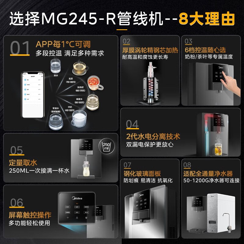 美的壁挂管线机家用速热一体全通量饮水机即热式挂墙线管机净水器伴侣 六档控温 MG245-R/908A-R升级款