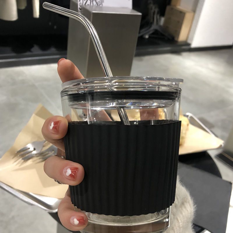 冷萃咖啡杯透明带盖玻璃杯随行吸管杯迷你小号便携水杯子咖啡杯400ml
