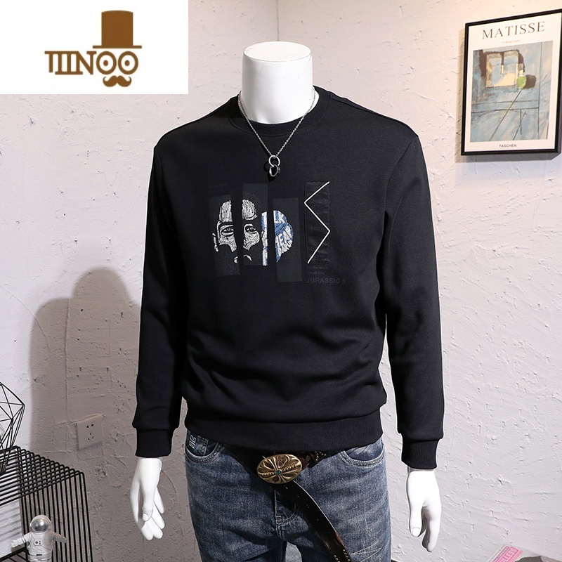 YANXU长袖套头卫衣男休闲圆领创意潮流印花贴布青年帅气袖袖圆帅高清大图