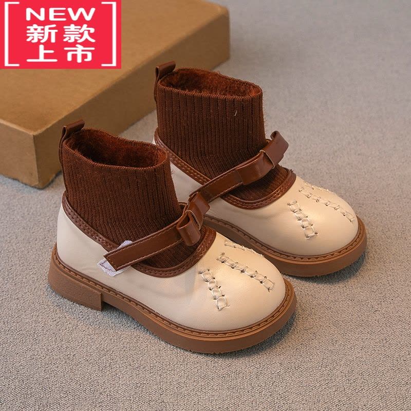 可莉允女童靴子2022冬季新款儿童鞋子二棉加绒袜子靴短靴公主鞋洋气皮鞋图片