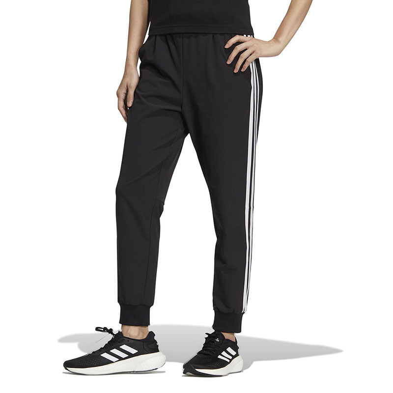 adidas 纯色Logo条纹印花松紧束脚运动裤 女款 黑色 HM7039