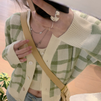 艳如飞胖子王老板米兰学院风格子针织吊带背心毛衣针织开衫外套短款套装套装