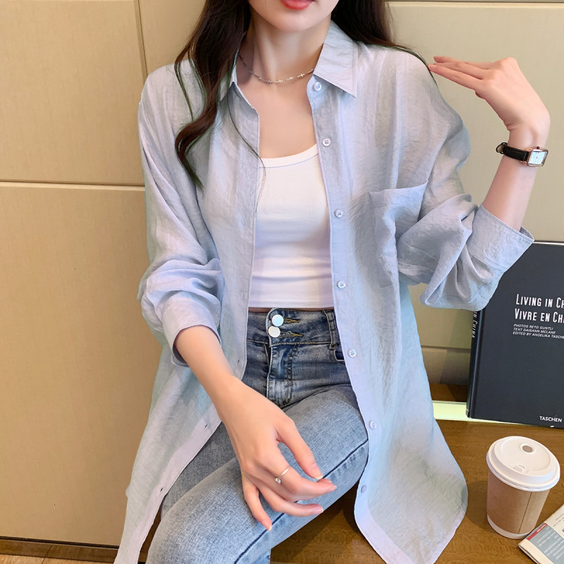 [2.5折价89元]唐狮夏季女翻领净色宽松肌理感长袖衬衫简约百搭气质高级感潮