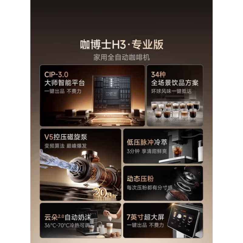 咖博士 黑色家用咖啡机全自动意式小型研磨一体式一键真冷萃新鲜咖啡冷热饮品 H3高清大图