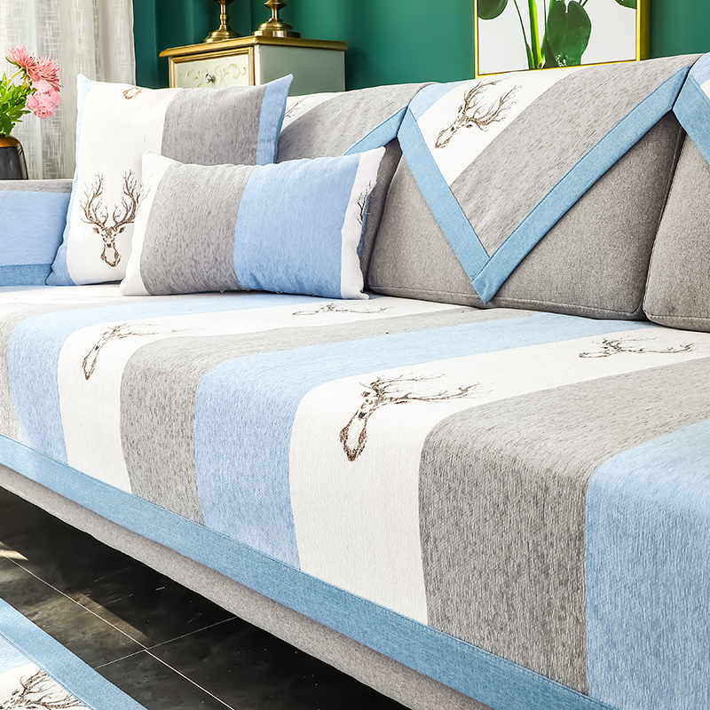 家柏饰(CORATED)北欧四季通用沙发垫防滑简约全包萬能沙发套罩布艺沙发巾沙发盖布 方块蓝 70*240cm高清大图