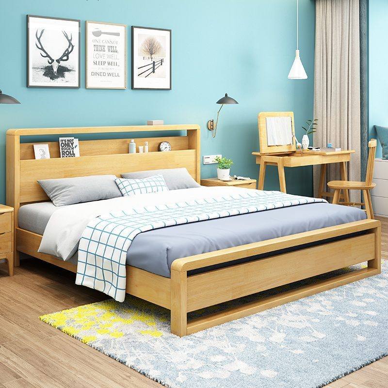 现代简约北欧风格实木床1.5米单人床1.8米主卧双人床高箱储物床