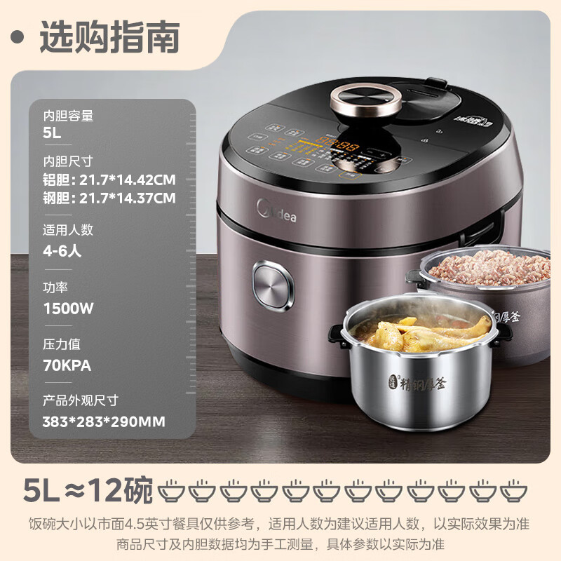 美的0涂层电压力锅家用高压锅5L双胆IH电磁8分钟快速菜预约智能浓香电饭煲中途加菜S582N
