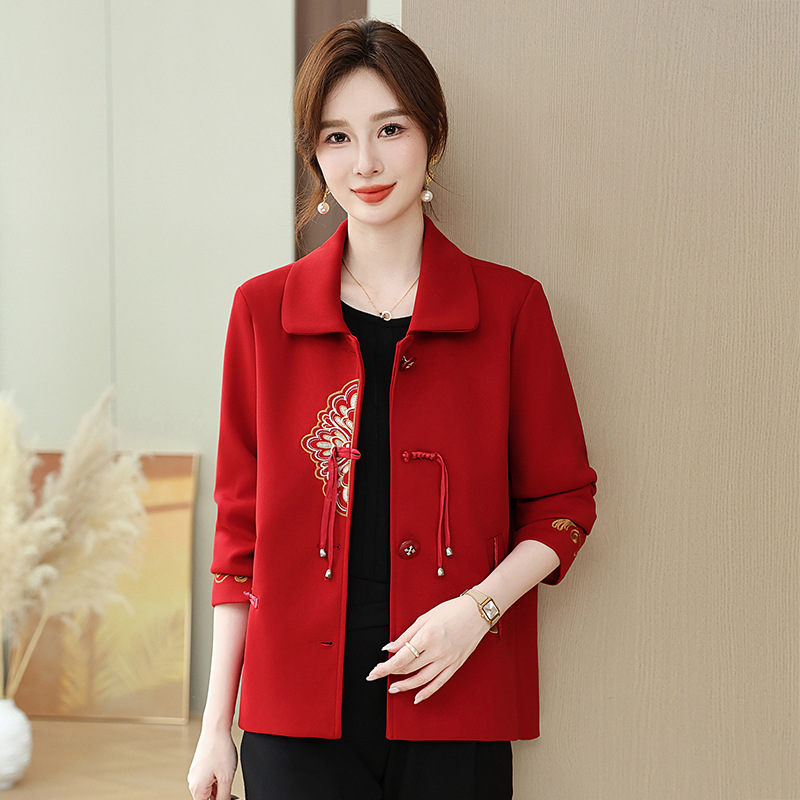 纤孜雅复古妈妈秋装国风休闲外套新款洋气中老年女装春秋款毛呢上衣