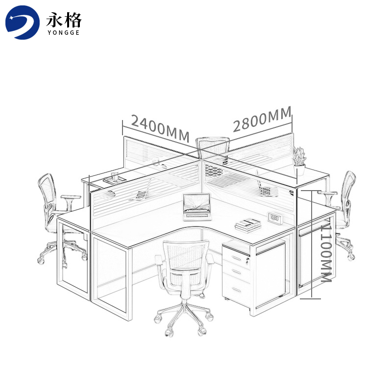永格办公桌职员屏风办公桌员工桌工作位现代简约蓝天之镜系列-十字型四人位高清大图