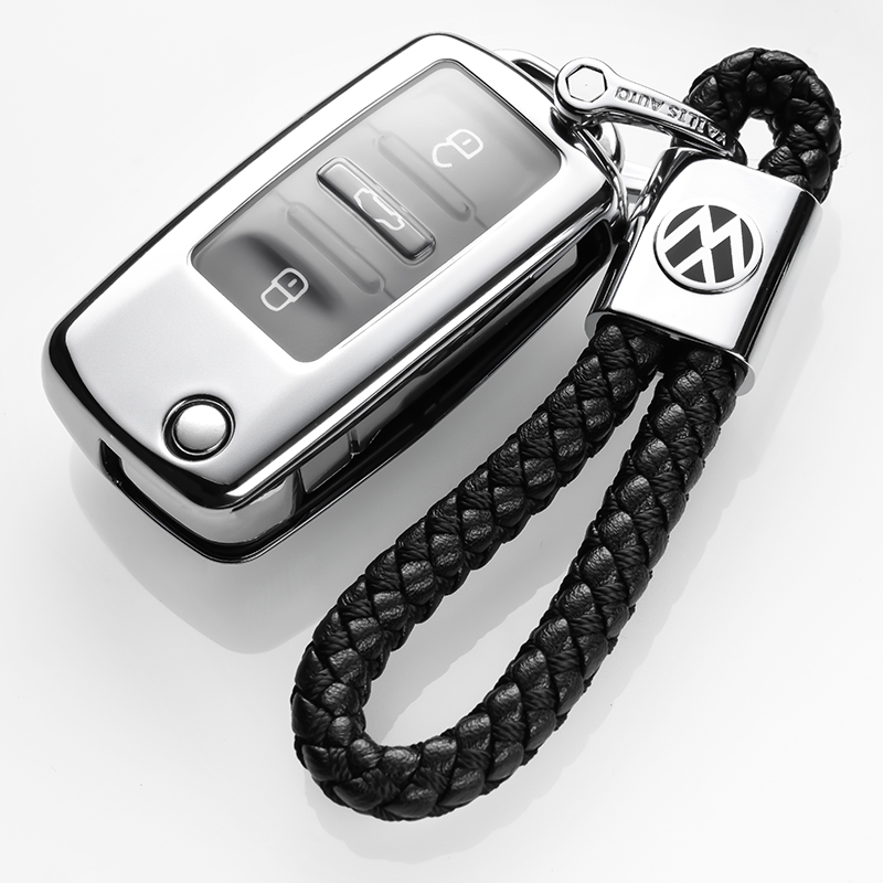 【补贴10%】2016/15款大众途观老款插钥匙启动车钥匙套包扣保护套男女士潮汽车钥匙包 大众折叠流光银+绳子