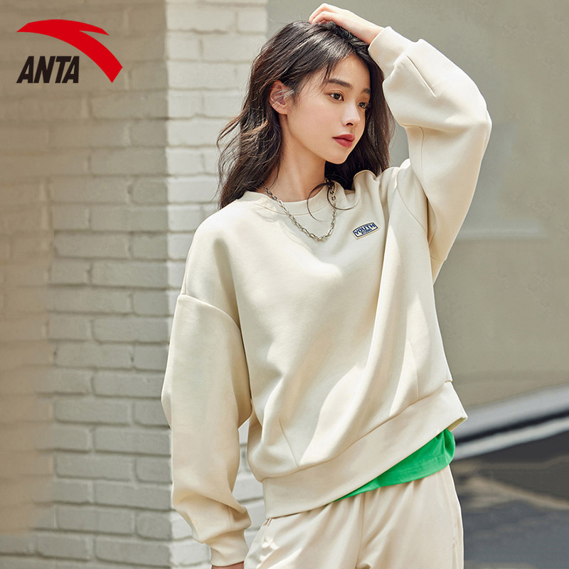 安踏卫衣女秋季新款简约印花长袖圆领运动服上衣休闲针织打底衫女