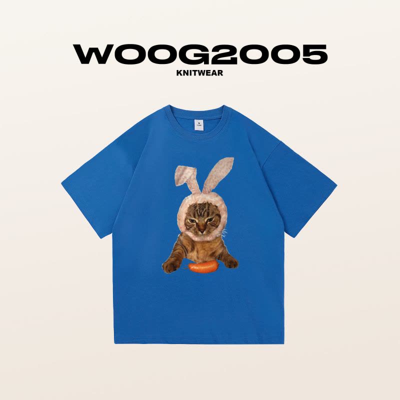 WOOG2005猫咪兔子趣味印花2022男士印花T恤ins潮男女同款圆领短袖图片