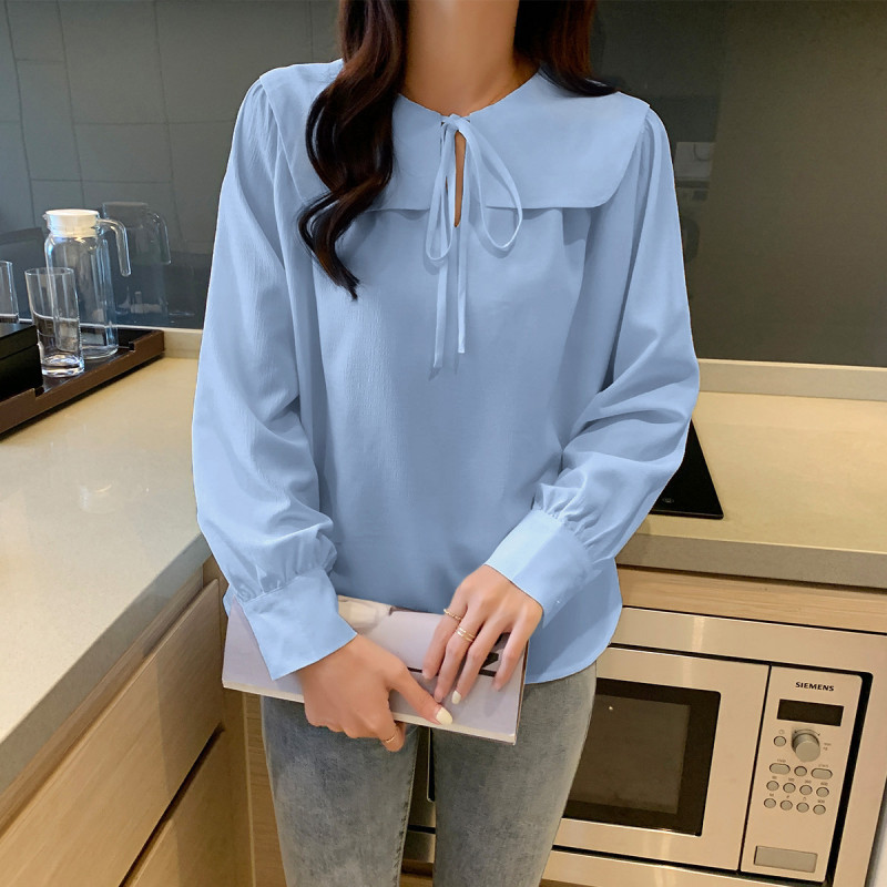 唐狮秋季衬衫女韩版可爱俏皮娃娃领花边绑绳长袖衬衣百搭