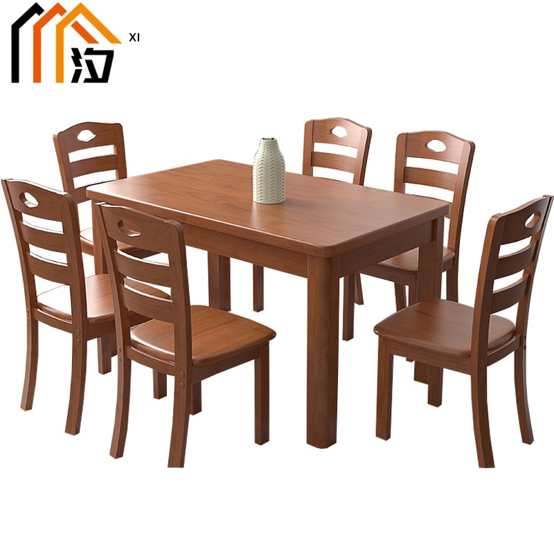 汐实木餐桌海棠色一桌六椅套高清大图