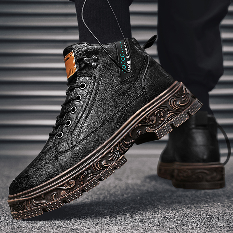 马丁靴男高帮厚底雕花时尚百搭机车短靴帅气潮男复古潮流工装男靴