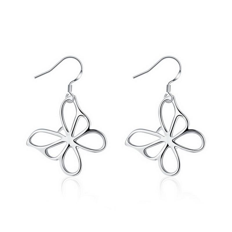 E011Women silver plated earring镀925纯银时尚甜美蝴蝶耳环耳饰