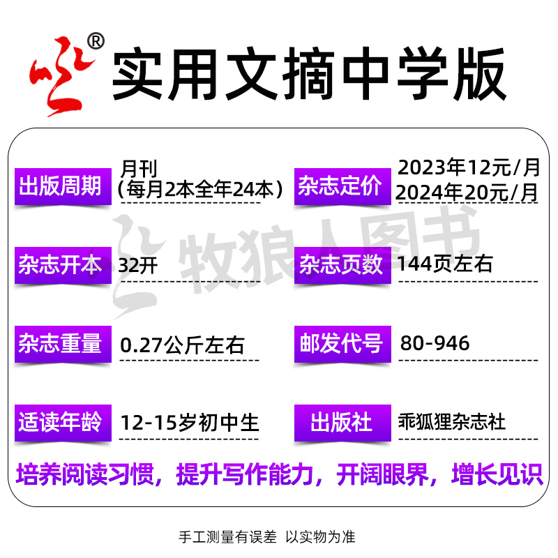 C[送4个日记本]全年订阅2024年1-12月共24本 [正版]1-12月全年/半年订阅实用文摘初中版中学版2023高清大图