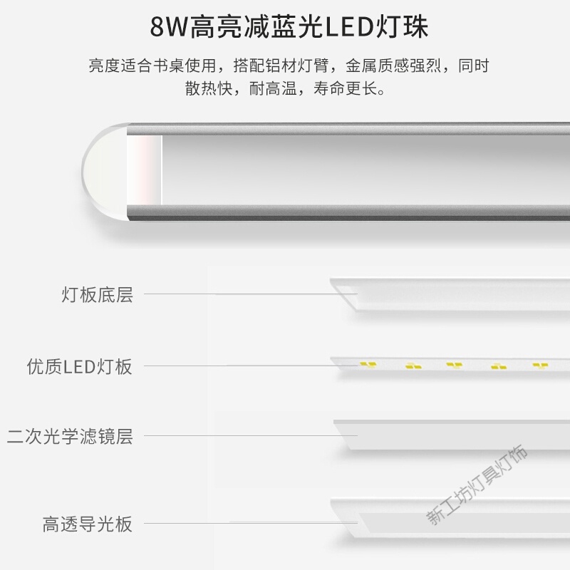 苏宁放心购 台灯LA-F118学生儿童宿舍寝室学习阅读护眼灯写字看书LED8W可调光插电台灯银色高清大图
