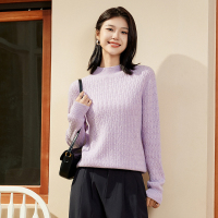 【100%绵羊毛】恒源祥羊毛衫女时尚半高领打底纯色绞花纹理针织衫 175/96A/XL 花米紫