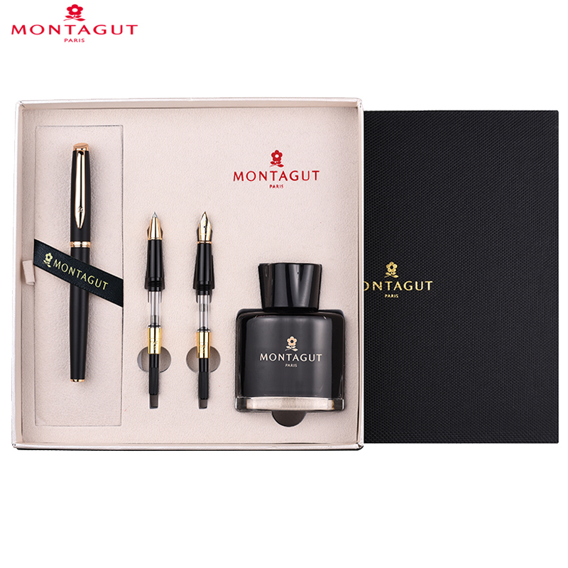 梦特娇(Montagut)黑磨砂金夹钢笔+特细笔尖+宝珠笔尖+墨水套装 签字笔 签名笔 墨水笔 白领钢笔礼盒装