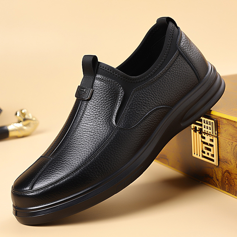 皮鞋男士牛皮一脚蹬头层牛皮中年休闲防滑软底驾车爸爸鞋乐福鞋男_13462高清大图