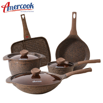AMERCOOK阿尔菲塔麦饭石炒锅不粘锅奶锅煎锅汤锅5件套锅平底锅 家用煎锅炖锅炒锅火锅煲汤锅 明火电磁炉通用 咖啡色