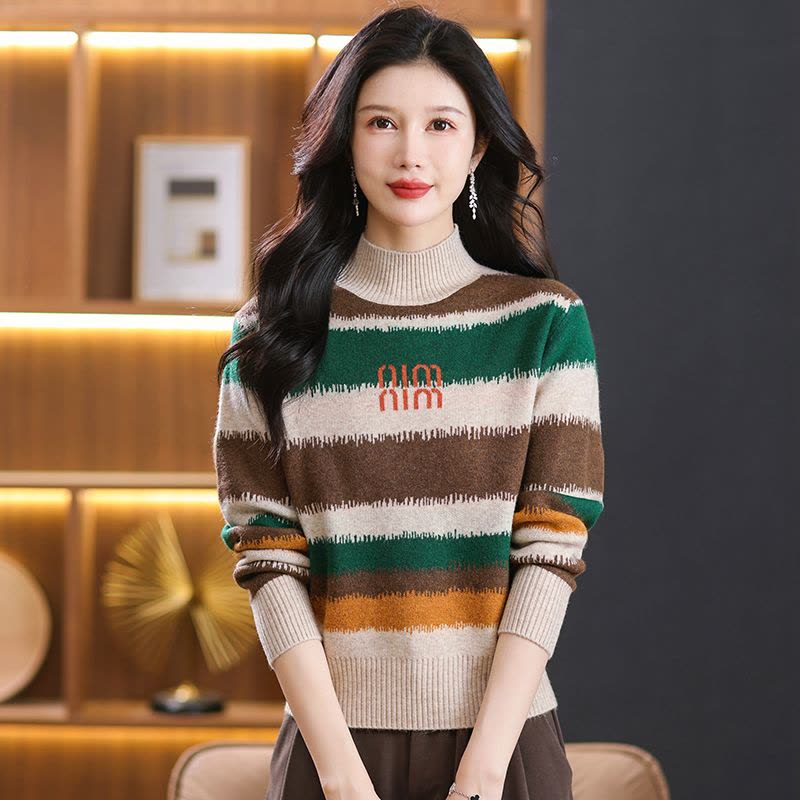 春春秋羊绒衫女半高领春秋装新款加厚羊毛衫女套头针织衫印花显瘦打底毛衣女专柜正品套头女士毛衣高端羊绒衫年轻漂亮打底衫女装图片