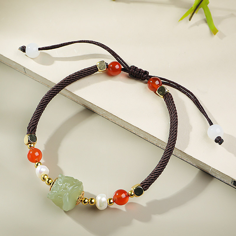 印象眸和田玉手绳萌狮搭配玉髓编织女款手链两款可选附送证书