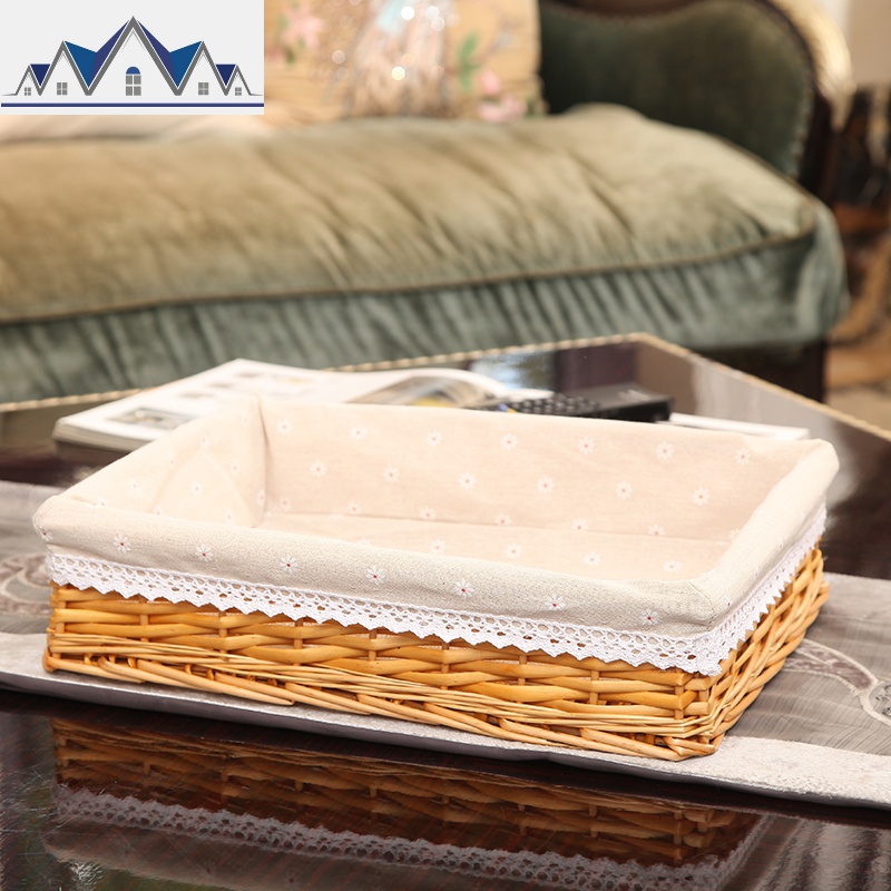 收纳筐藤编储物盒柳编篮子厨房桌面杂物盒陈列展示筐零食筐 三维工匠收纳篮 蜜糖色筐+麻布内衬四号长25*宽15*高7