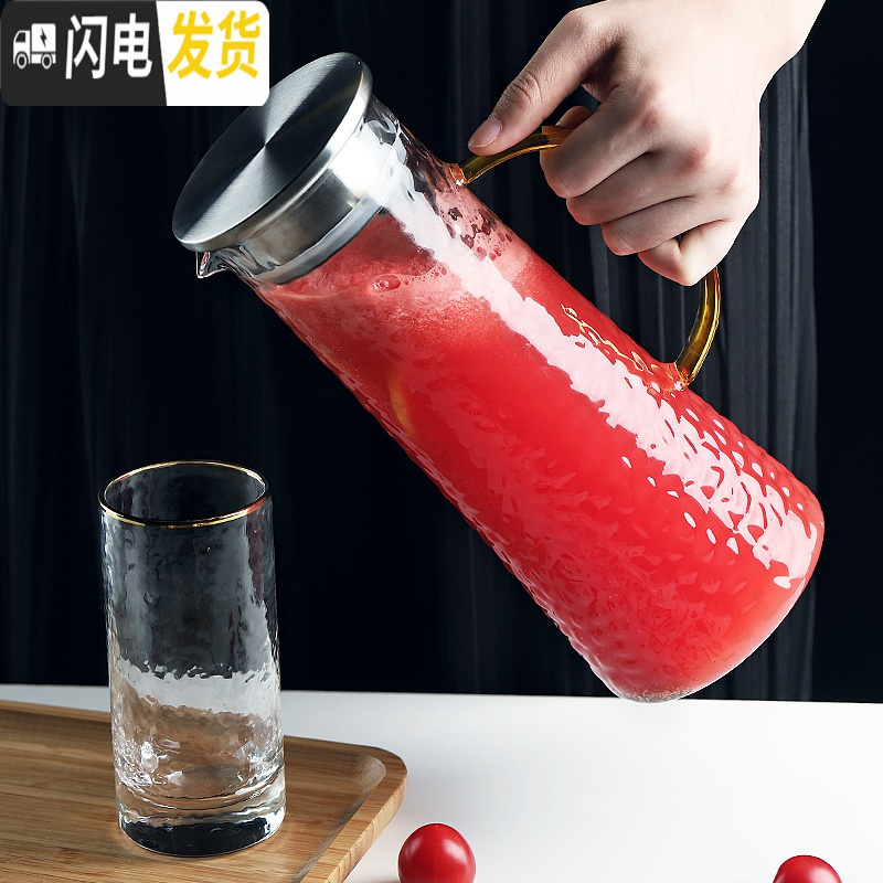 三维工匠锤纹玻璃冷水壶可高温高硼硅北欧风创意家用凉开水杯透明日式套装 雪点锤纹-1800(彩色手柄)凉水壶