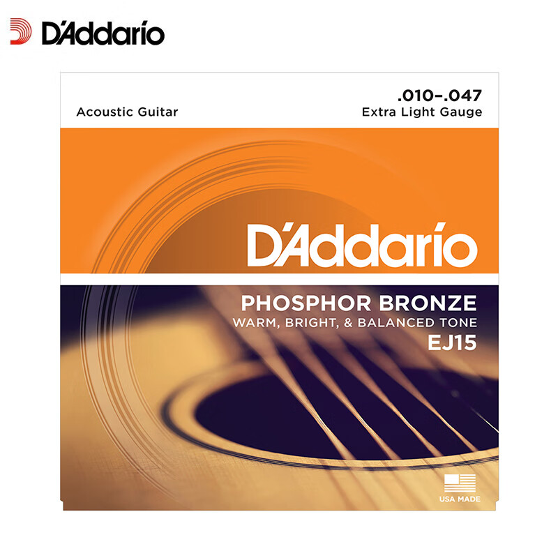 达达里奥自营(D’Addario)EJ15 美国原装进口民谣吉他弦套弦琴弦 EJ15 (10-47磷铜)