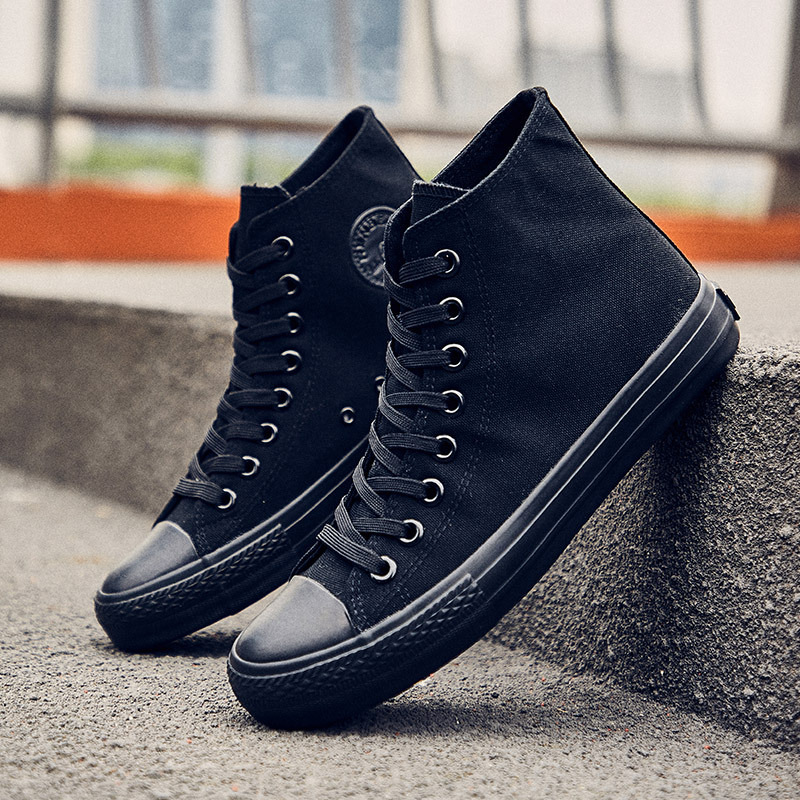 林先森高帮帆布鞋男黑青少年韩版百搭休闲板鞋38中学生潮流男鞋46帆布