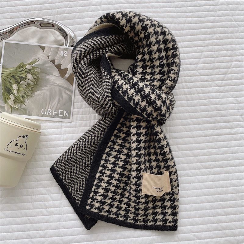 韩系新款千鸟格针织双面冬季保暖时尚经典围脖百搭情侣潮围巾女