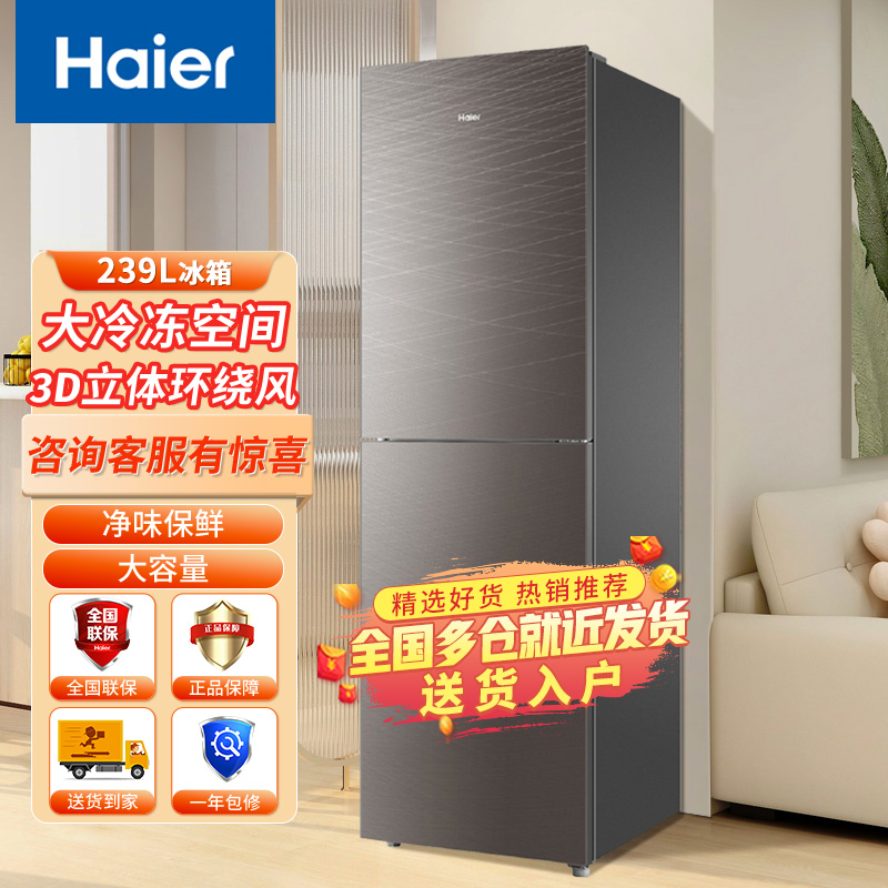 海尔电冰箱239升小型家用大容量风冷无霜 净味保鲜 节能省电两门冰箱