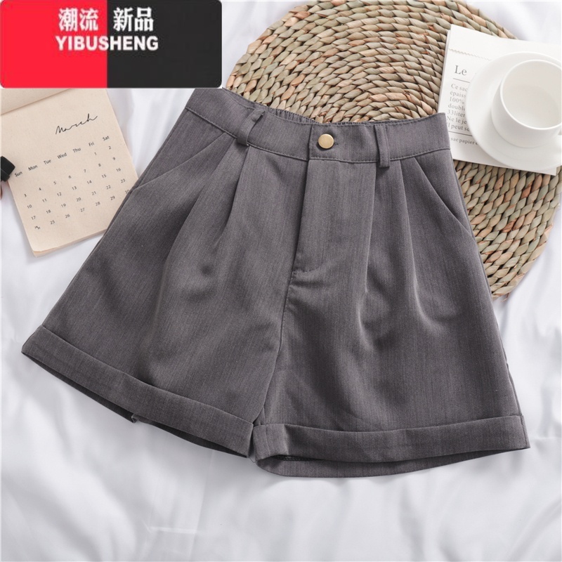 YIBUSHENG春秋新款纯色百搭休闲裤西装短裤女高腰显瘦宽松卷边阔腿裤热裤子 灰色 M