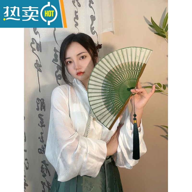 XIANCAI女扇复古风折叠礼品折扇子汉服扇夏季便携带小浅绿色跳舞扇旗袍夏 荼靡高清大图