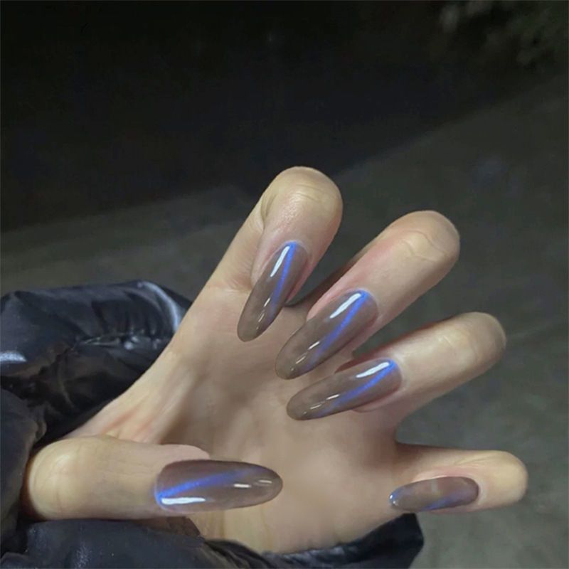 长款蓝黑色蓝猫眼穿戴美甲贴片光疗成品假指甲反复使用学生指甲贴长款