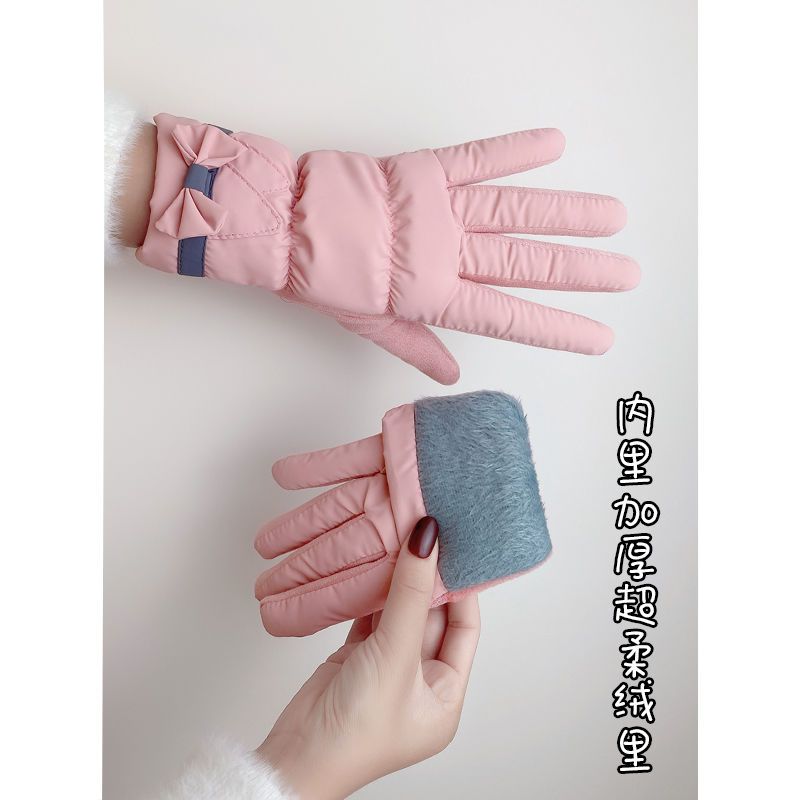 手套冬天女加绒加厚保暖防寒可爱女生防风防水触屏韩版骑车手套女 FG可爱蝴蝶款[浅粉色]