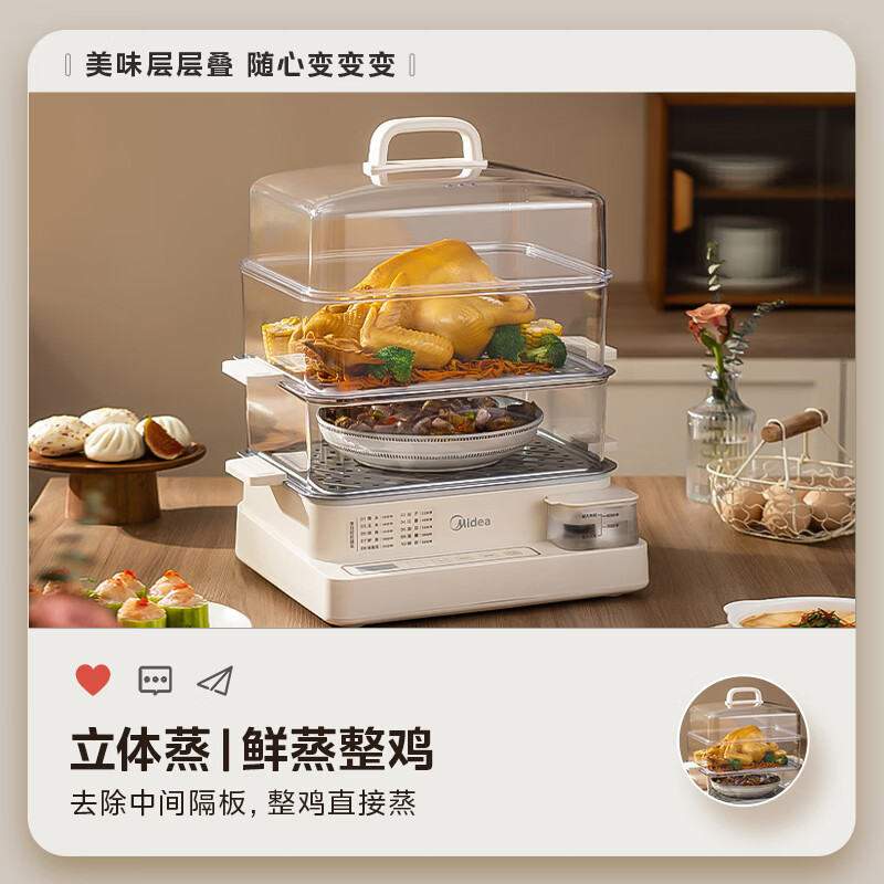 美的(Midea)电蒸锅多功能家用22升三层大容量外置加水蒸锅透明视窗不锈钢蒸片多用途蒸包子电煮锅MZ-ZGC32230高清大图