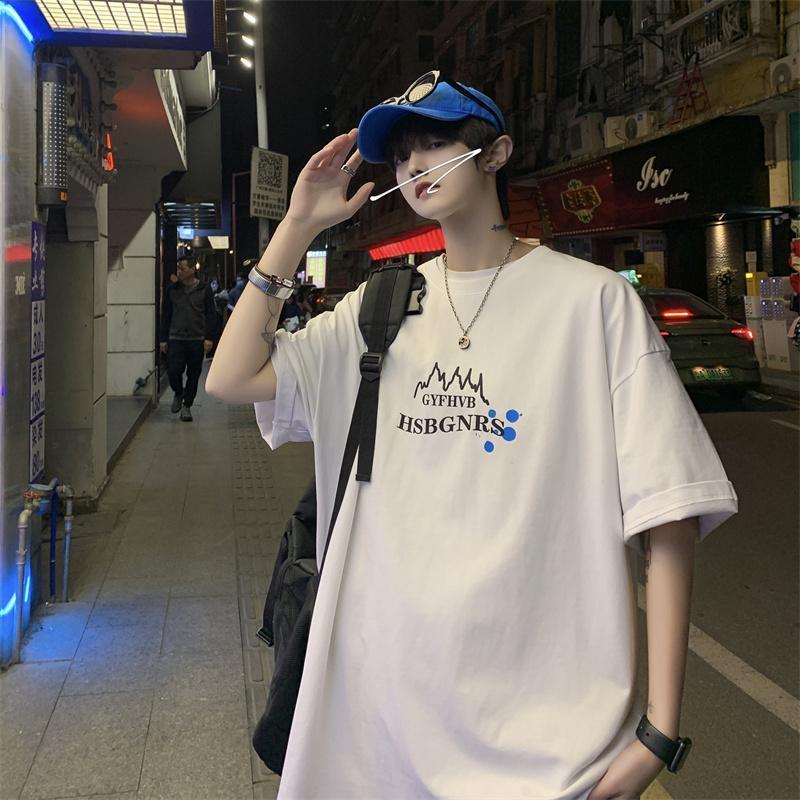 WOOG2005夏季薄款ins潮短袖T恤男宽松港风印花上衣五分袖体恤