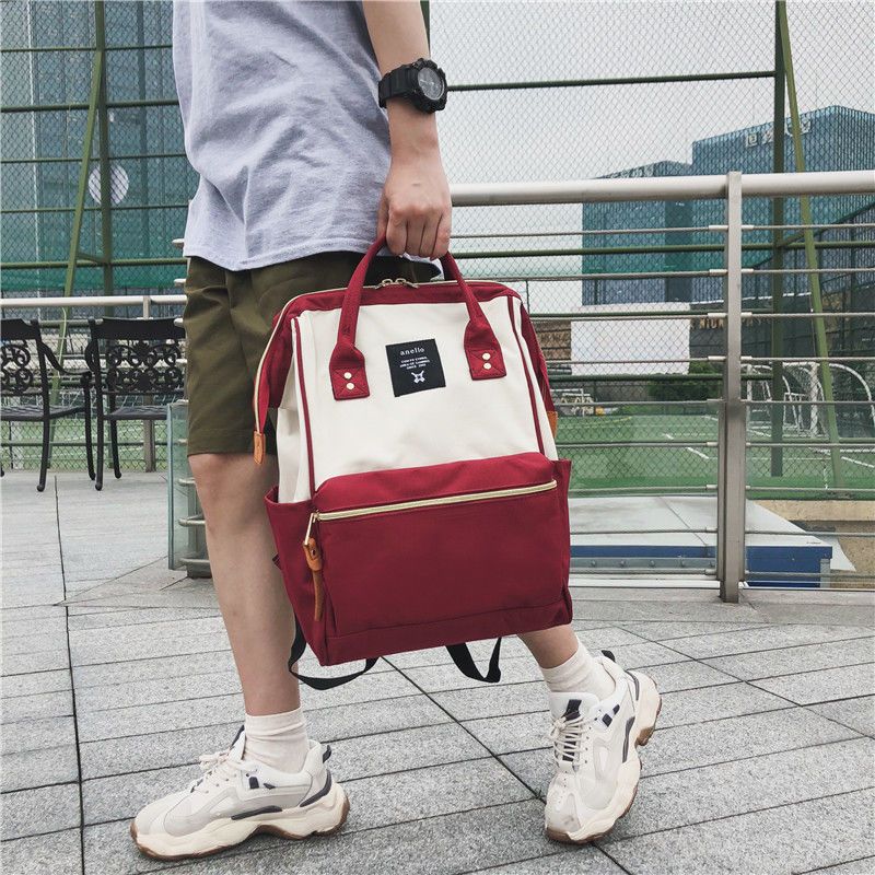 尾货清仓日本乐天双肩背包大容量男女学生书包离家出走旅行妈咪包 酒红色小号高37宽25厚15
