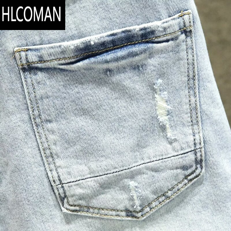 HLCOMAN浅色破洞牛仔裤男高端夏季薄款宽松短裤潮牌印花休闲百搭五分裤子
