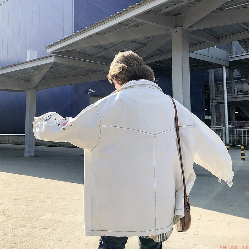 牛仔外套女春秋装2018宽松学生韩版bf原宿风卡通印花工装夹克