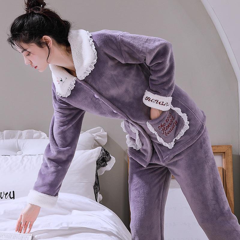 女士秋冬季加厚法兰绒睡衣大码甜美保暖套装开衫珊瑚绒春秋家居服