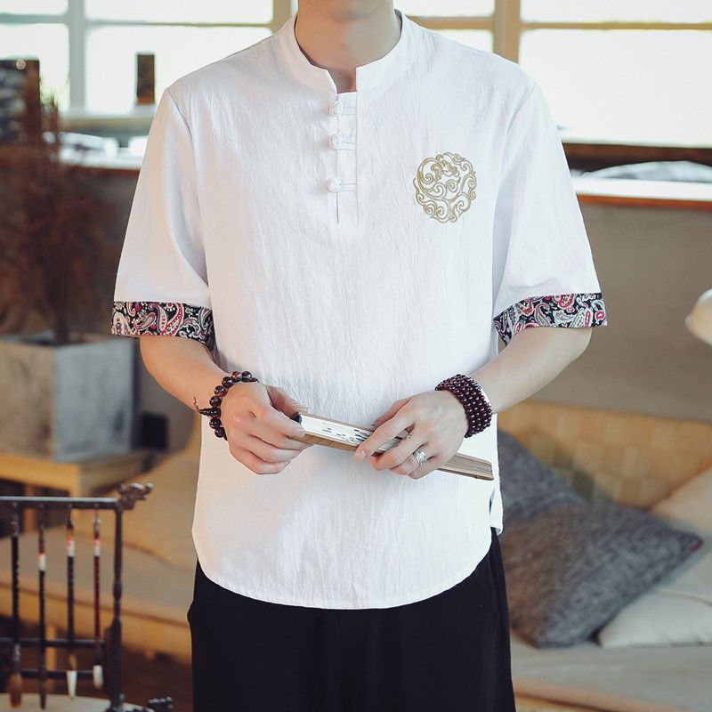 亚麻短袖男T恤2020中国风棉麻上衣潮流刺绣半袖唐装夏季宽松汉服 黑色纯色 2XL 145-160斤