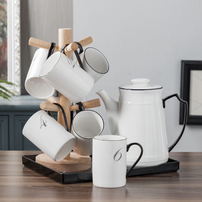 美帮汇欧式水具套装 家用 客厅 冷水壶陶瓷大容量 简约黑白茶杯耐用高温高清大图