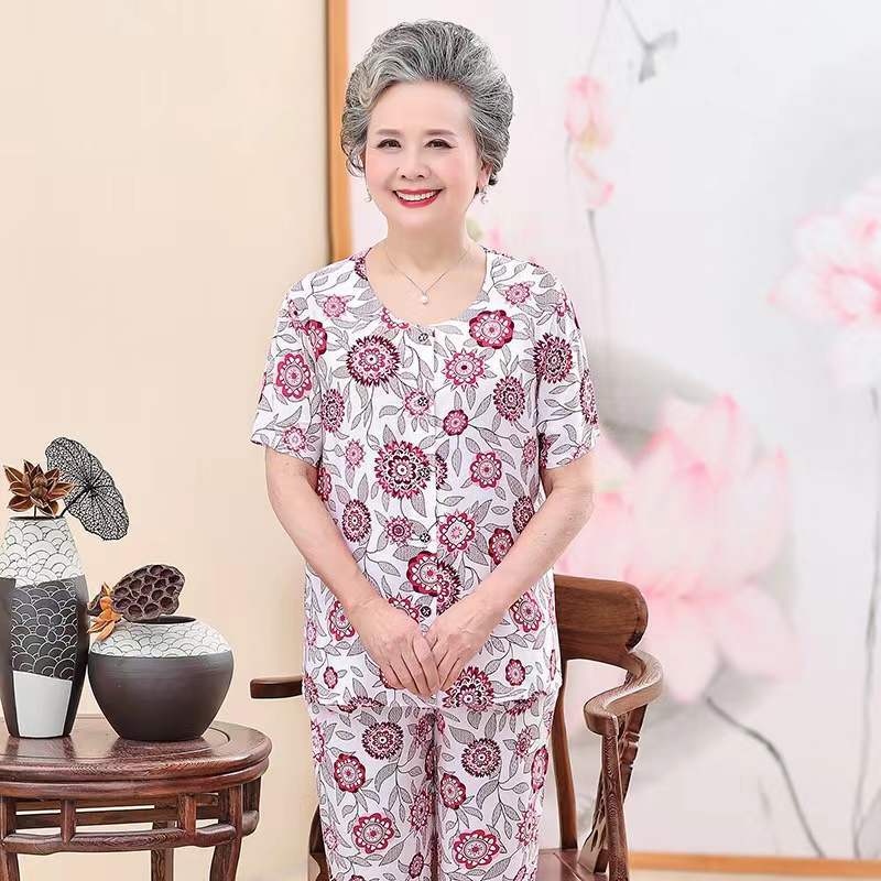 妈妈装夏装棉绸套装中老年人女装短袖开衫60岁70老太太绵绸奶奶装 莎丞