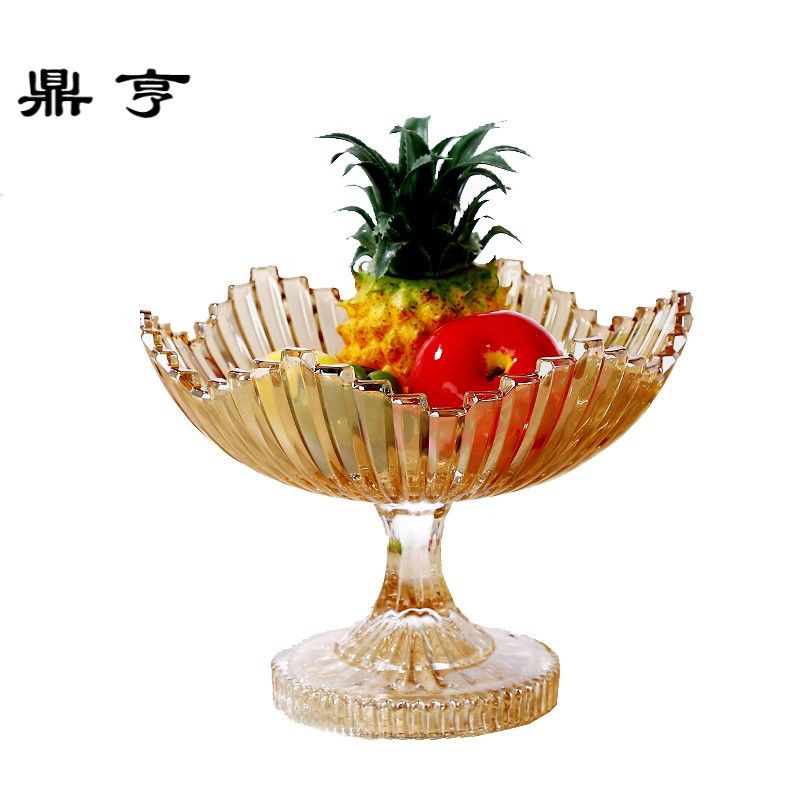 鼎亨欧式玻璃高脚水果盘现代创意客厅摆件大号家用透明茶几果盘